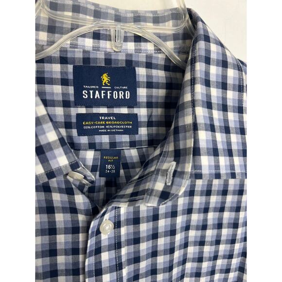Stafford Travel Shirt Mens 16 1/2 34-35 Easy Care Broadcloth Blue Check - Picture 2 of 7
